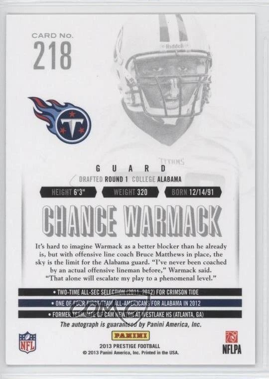 2013 Prestige Extra Points Green Signatures /25 Chance Warmack Rookie Auto RC - Image 2 of 2