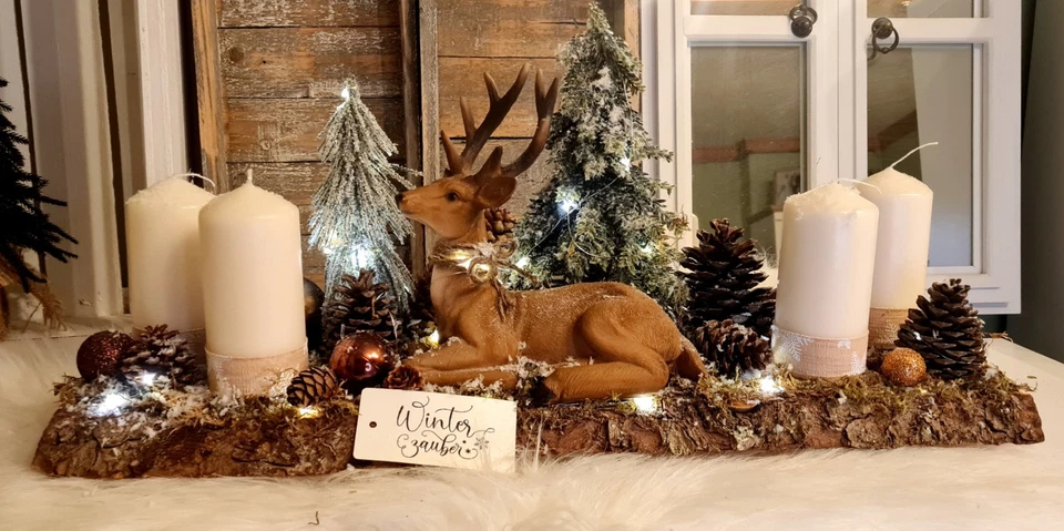 🌿 Weihnachten Advent Holz Tablett Adventskranz Hirsch Kerzen Natur LED  🌿 - Bild 3 von 4