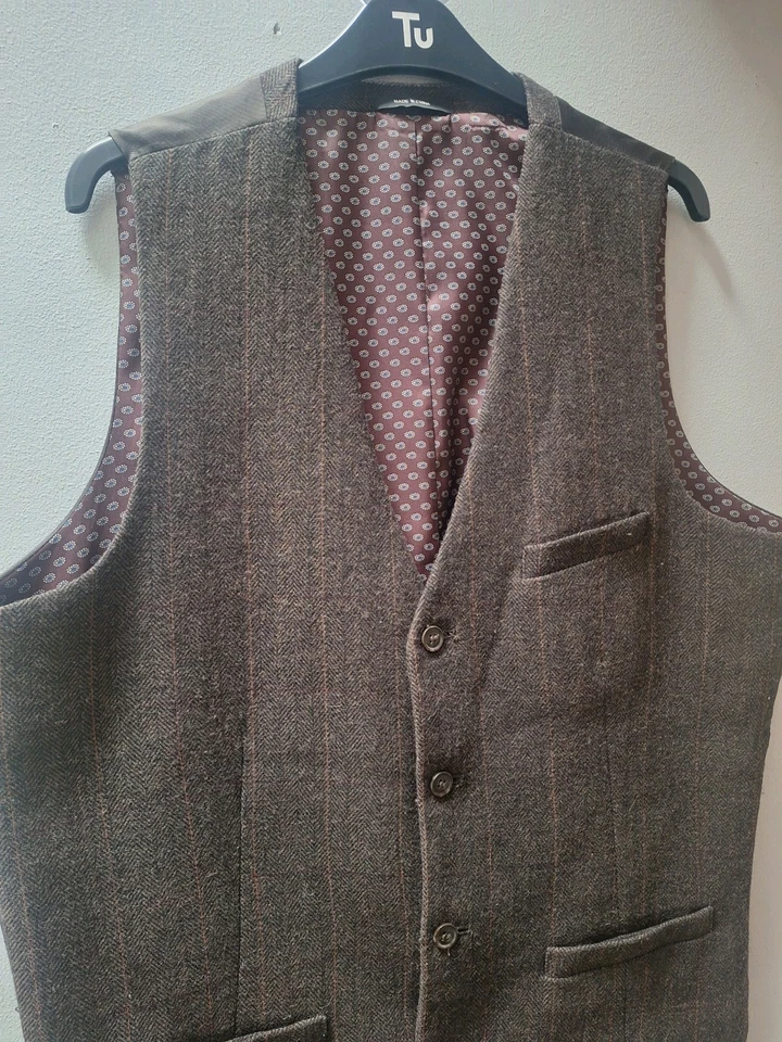 Cedar Wood State Brown Waistcoat Herringbone Wool Blend Large 41-43" Retro - Image 2 of 4