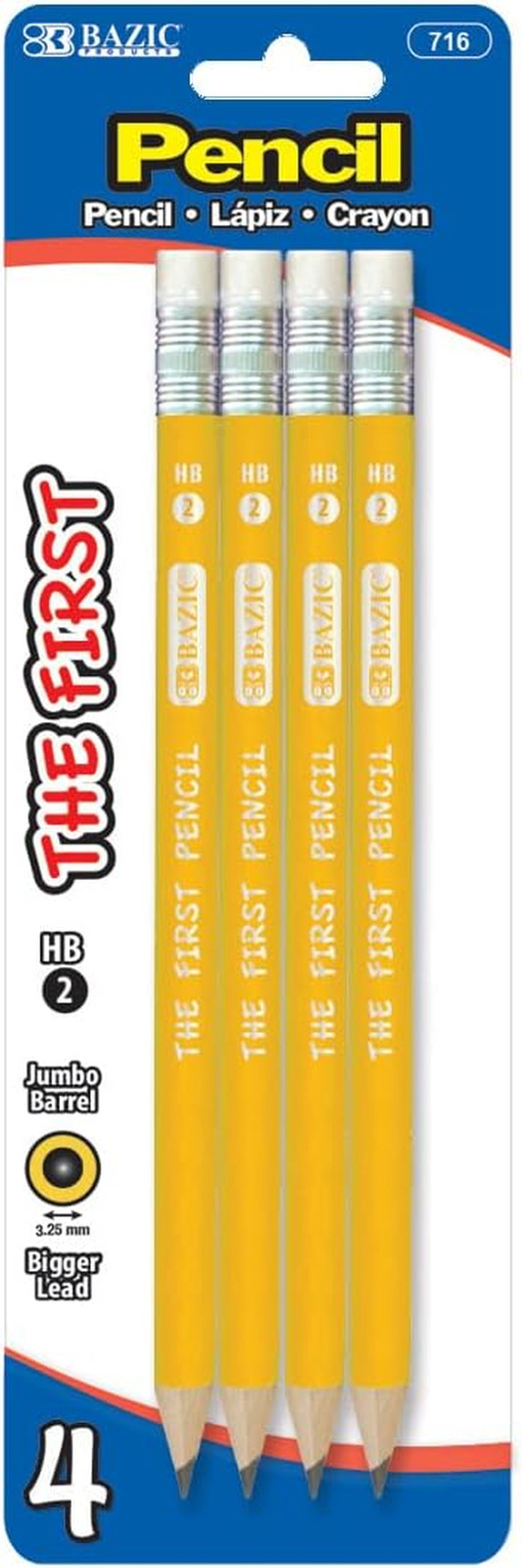 BAZIC Pencil Wood Pre-Sharpened #2 HB Jumbo Pencils, Latex Free Eraser, Premium