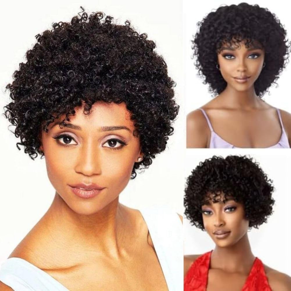 Black Short Curly Afro Wig for Black Women With Bangs Kinky Synthetic Heat Re...