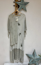 Vintage NWT Viscose Embroidered Boho Hippie Kaftan Dress Grey Lagenlook S/M