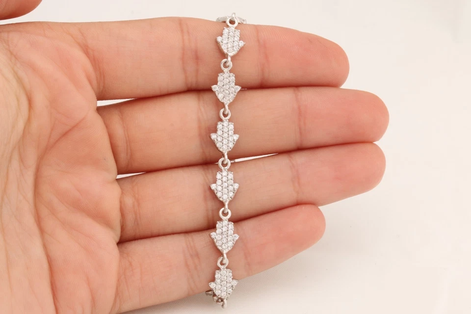Turkish Jewelry Fatima's Hand Zircon 925 Sterling Silver Rhodium Bracelet - Image 3 of 4