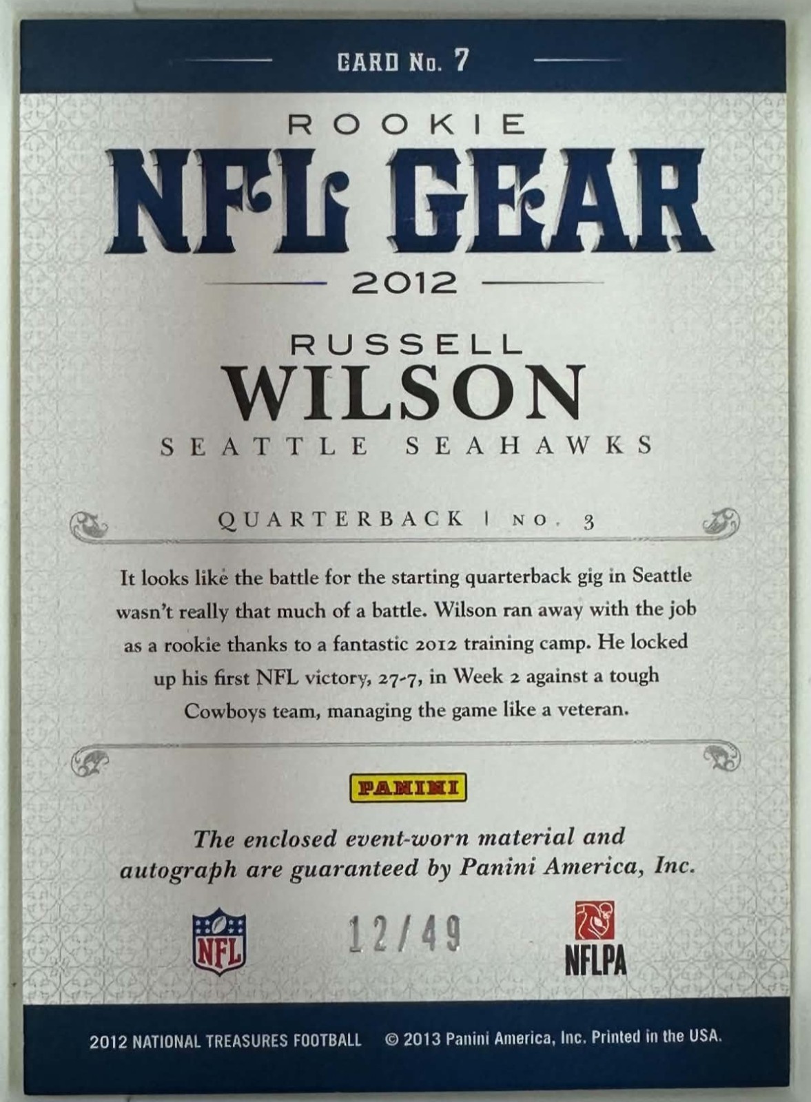 2012 Panini National Treasures - NFL GEAR  Russell Wilson #7 Dual Materials AUTO view 2