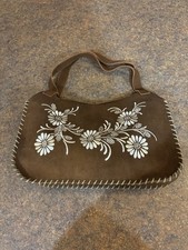 Brown Suede Floral Embroidered Shoulder Bag Vintage Boho