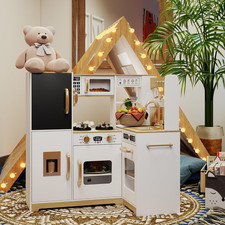 White Corner Play Kitchen with Lights,Kitchen Set for Kids Ages 3-8,White Kids T