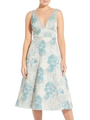 AIDAN MATTOX Womens Fit + Flare Midi Dress Sleeveless V Neck Cocktail Lined