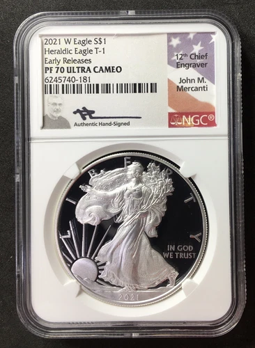 2021-W Silver Eagle Heraldic Eagle T-1 ER NGC PF70 Ultra Cameo Mercanti In Stock
