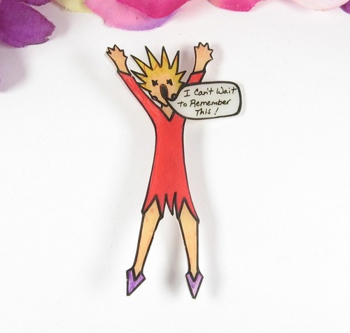 EXCITED LADY IN RED Vintage PIN I Can't Wait To Remember This! Handmade 3" WOW - Picture 5 of 9