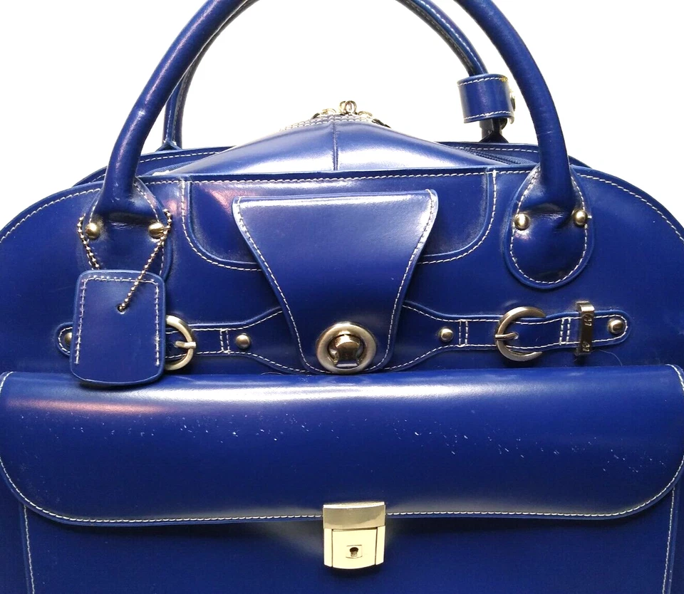 Maletín con ruedas McKlein Edgebrook serie L para computadora portátil de cuero genuino, azul marino Foto 2 de 4