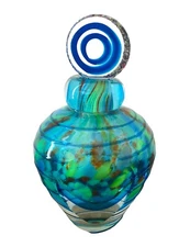 Murano Style Italian Art Glass PERFUME BOTTLE & Stopper Beautiful Blues & Greens