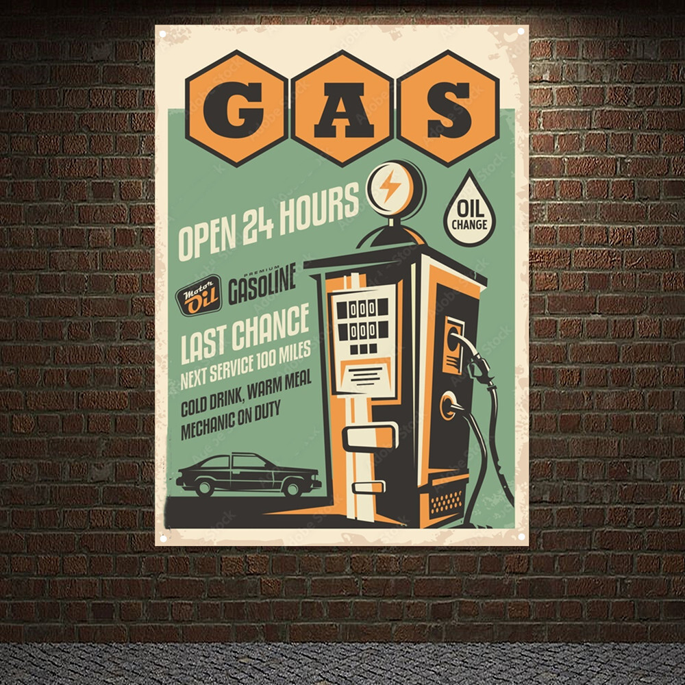 Gas Station OPEN 24 HOURS Vintage CAR SERVICE Poster Flag Garage Decor Banner
