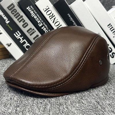 Men Real Genuine Leather Cowhide Warm Beret Dad Hats Fashion Ivy Cap Earlap Cap