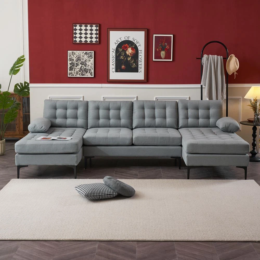 Heavy Duty 4 Seat Modern Sectional Sofa Set w 2 Chaise Couch U Shape Light Grey