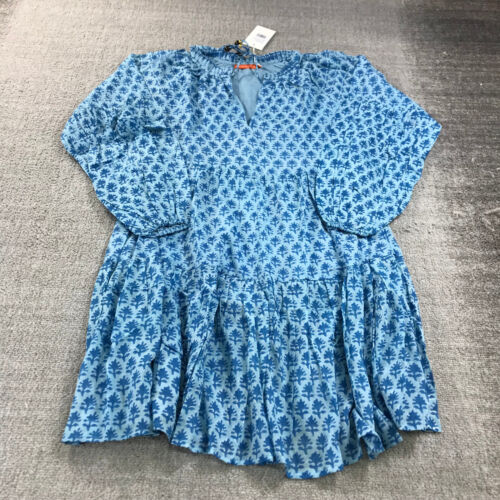 Oliphant Dress Women Small 1116V Ballon Sleeve Short White Navy Blue Boho