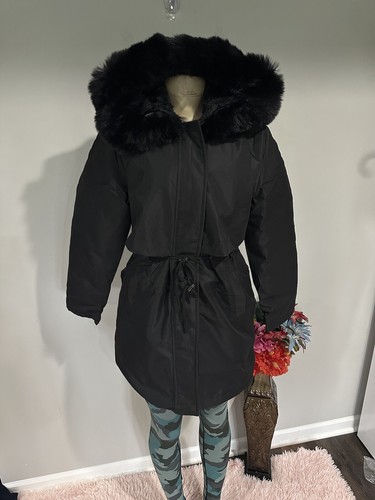 Down Coat Size Small Women Parka Black Faux Fur Hood New - Picture 3 of 13