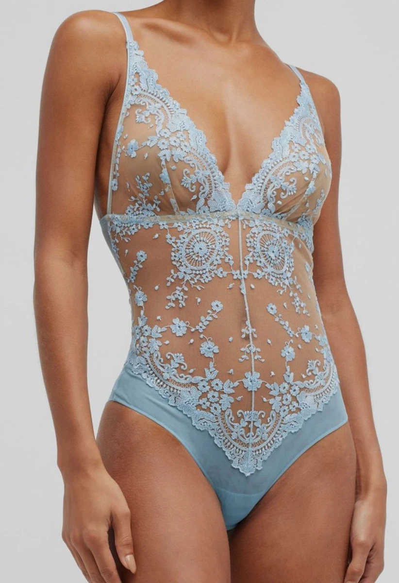 $475 I.D. Sarrieri Women's Blue Triangle Cup Sheer Lace Bodysuit Size FR 1/  US S