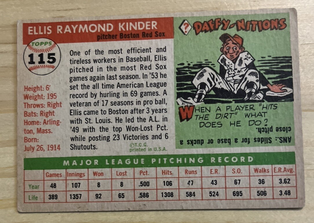 1955 Topps Ellis Kinder Boston Red Sox Baseball Card #115 - Grey