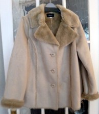Ladies Coat Faux Suede Faux Fur Lined Pockets Taupe Beige Womens Size 16 - New