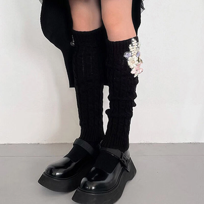 1 par de meias longas bordadas florais femininas meia malha aquecedor de perna JK Lolita - Imagem 4 de 4