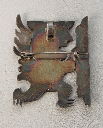 Sterling & Colorful Enamel Aztec Tribal Eagle Warrior Pin -Pendant 2" by 1-1/2" - Picture 3 of 6