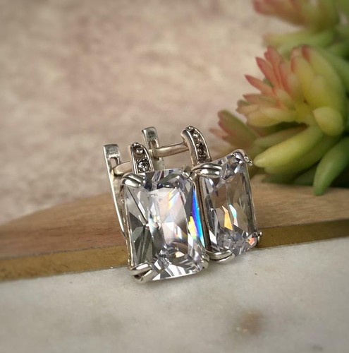Vintage Earrings 925 Sterling Silver Huge stone Kharkov English Clasp Stamp Rare - Picture 8 of 10