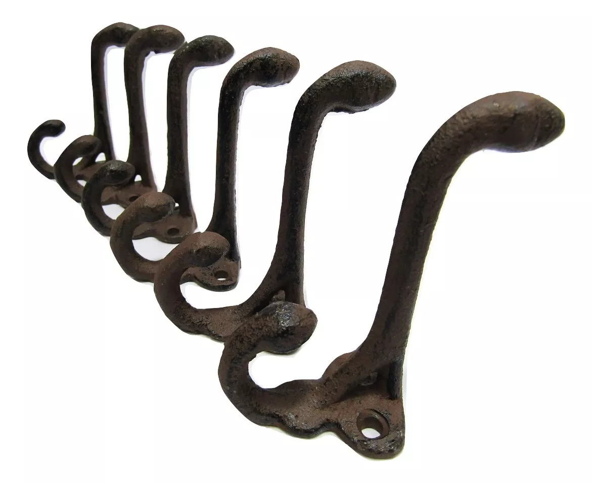 Lot 6 Antique-Style Rustic Brown School Double Coat Hooks Cast