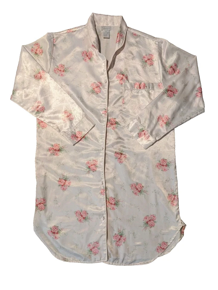 💖 Camisón MAIDENFORM KOMAR Pequeño Rosa/Blanco Floral Satinado LS Abotonado Gran Tamaño Foto 3 de 4