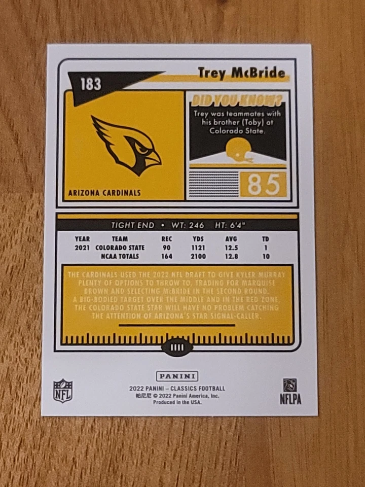2022 Panini Classics Premium Base #183 Trey McBride Rookie RC Arizona Cardinals - Image 2 of 2