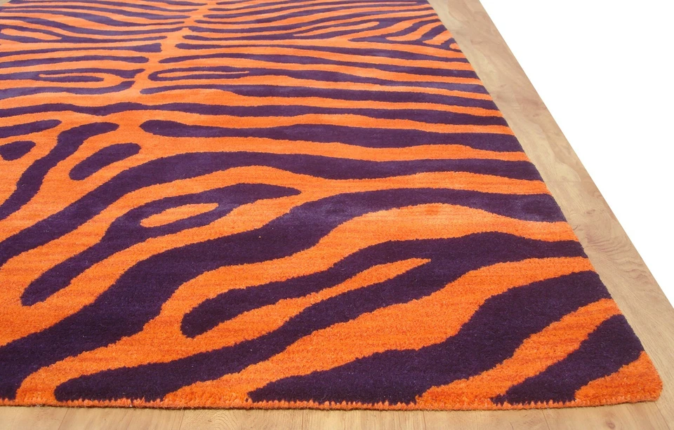 Zebra Orange Purple Modern Handmade Hand-Tufted 100% Wool Area Rug Carpet - Image 4 of 4