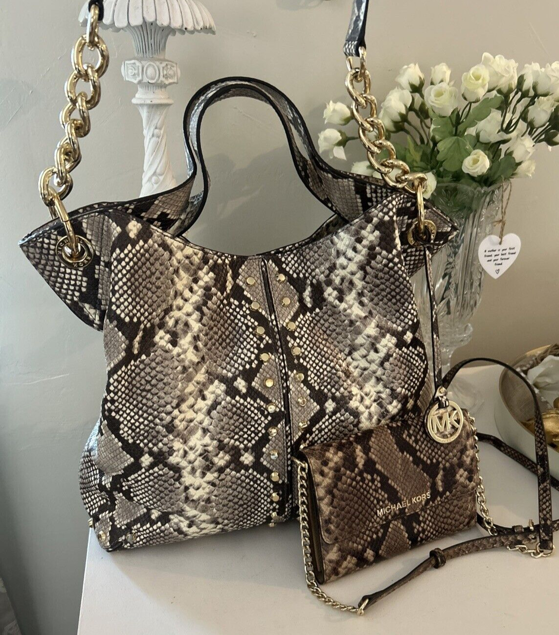 Michael Kors Brown Leather Python Snake Shoulder … - image 1