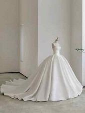 Simple Satin Ball Wedding Dresses Beading Pearls Classic A-line Bridal Gowns