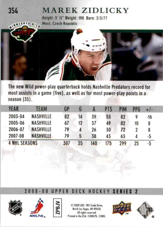 2008-09 Upper Deck Marek Zidlicky #354 - Image 2 of 2