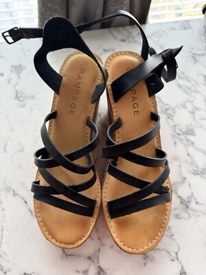 Women's Rampage Black Buckle Cork Wedge Sandal Shoe Sz