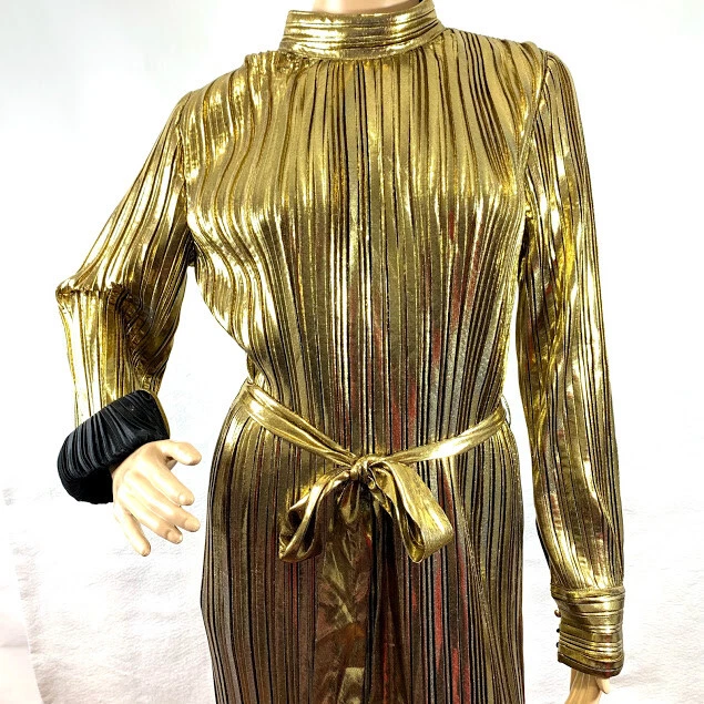 Elan USA Metallic Gold Pleated Dress A Line Women Medium Cleopatra