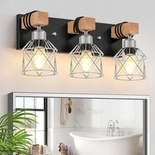 3-Light Wood Bathroom Light Fixtures Over Mirror Rustic Black Silver Famhourse