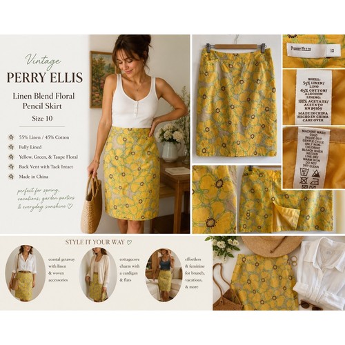 Perry Ellis, Vintage Perry Ellis Linen Blend Floral Pencil Skirt Size 10 Cottagecore Office