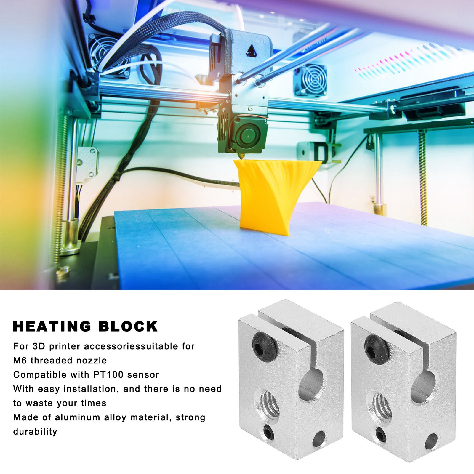 Heating Block M6 Threaded Aluminum Heater For 3D Printer PT100 Sensor☜