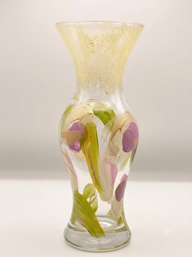 Vintage Hand Blown Hand Painted Glass Vase Gold Floral 9" Home Decorative Flower