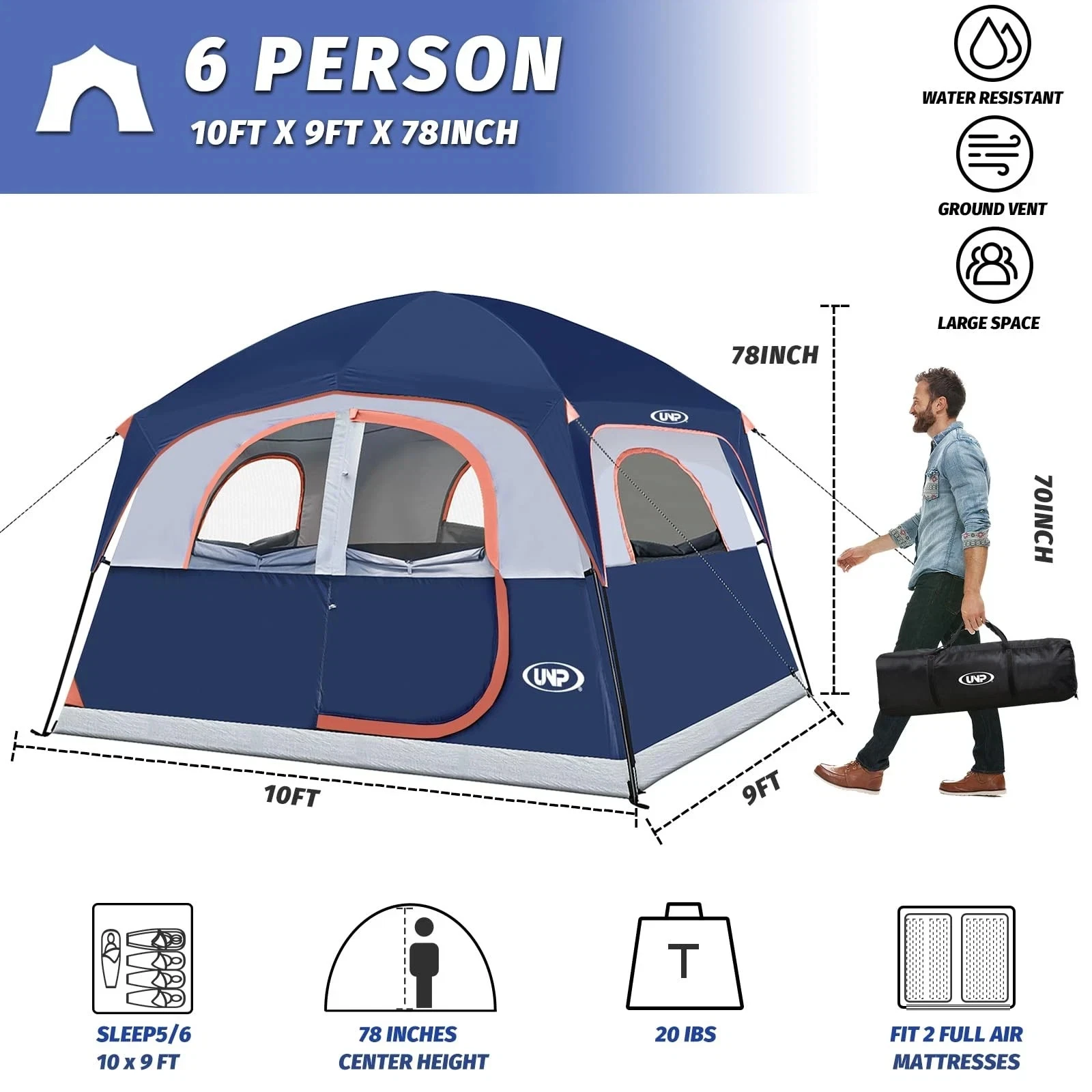 UNP Tent 6 Person Waterproof Windproof Easy Setup,Double Layer 9x10 NEW