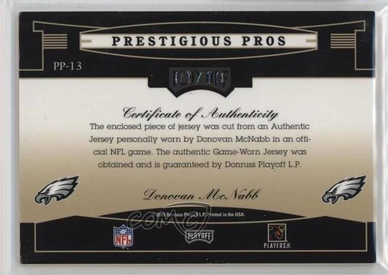 2005 Playoff Prestige Prestigious Pros Platinum /10 Donovan McNabb #PP-13 Patch - Image 2 of 2