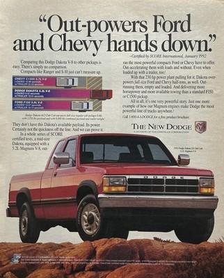 Dodge Dakota  Out-Powers Ford & Chevy  1993 Vintage Truck Print Ad