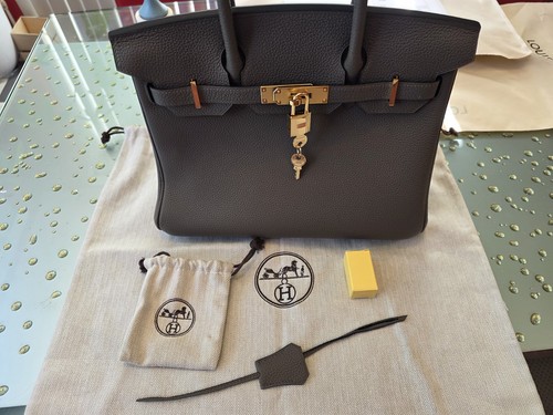 HERMÈS Birkin 35 Gray Top Handle Satchel Gold Hardware Lock Key Dust Bag Box