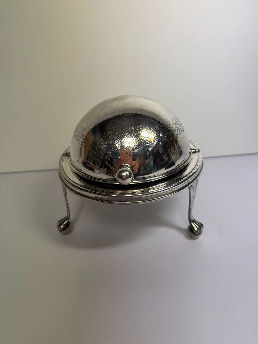Vintage English Silver Plate Roll Top Revolving Dome Butter Dish with Glass Inse