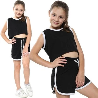 Enfants Filles Short 100% Coton Contraste Étanchées Été Haut Blanc & Chaud Set - Photo 1/2