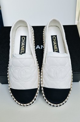 Chanel G46996 White Black Quilted Lambskin Chain Espadrilles Loafers EU 37