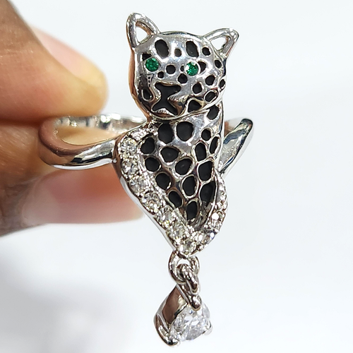 Bague Argent Léopard émail Jungle T58 Occasion - Bague Animalière Argent Vintage