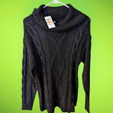 Charter Club Small Core Pullover Sparkle Cowl Cable Knit Sweater Black