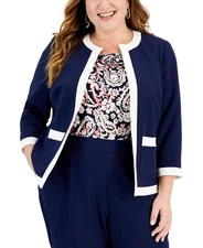 Kasper Plus Contrast-Trim Framed Open-Front Blazer Women's 18W Navy/Vanilla Ice~