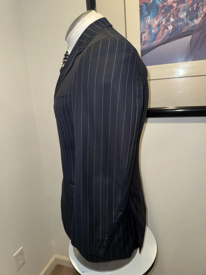 Traje de gángster Canali Blue Label Super 120 gris a rayas tres botones 44R Foto 4 de 4